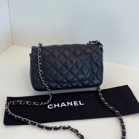 香奈兒/Chanel 黑銀荔枝皮CF大mini 口蓋鏈條包-7