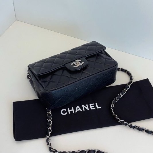 香奈兒/Chanel 黑銀荔枝皮CF大mini 口蓋鏈條包-8