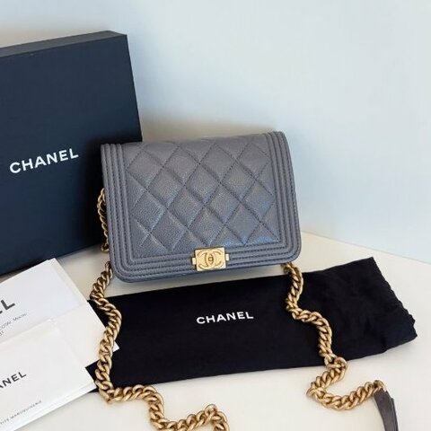 近新品 香奈兒/Chanel 灰色金扣荔枝皮leboy WOC鏈條包 芯片款