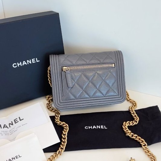 近新品 香奈兒/Chanel 灰色金扣荔枝皮leboy WOC鏈條包 芯片款-1