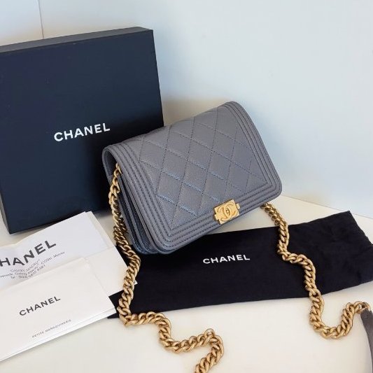 近新品 香奈兒/Chanel 灰色金扣荔枝皮leboy WOC鏈條包 芯片款-2