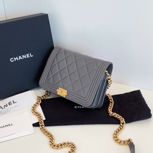 近新品 香奈兒/Chanel 灰色金扣荔枝皮leboy WOC鏈條包 芯片款-3