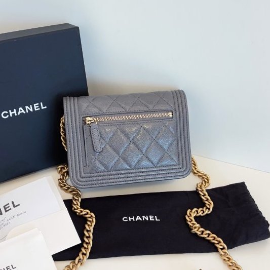 近新品 香奈兒/Chanel 灰色金扣荔枝皮leboy WOC鏈條包 芯片款-7