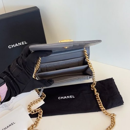 近新品 香奈兒/Chanel 灰色金扣荔枝皮leboy WOC鏈條包 芯片款-9