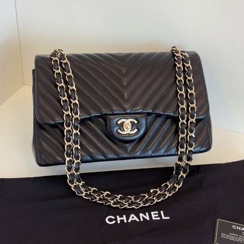 近新品 香奈兒/Chanel 經典CF黑金V紋 雙蓋紅內裡 Jumbo大號鏈條包