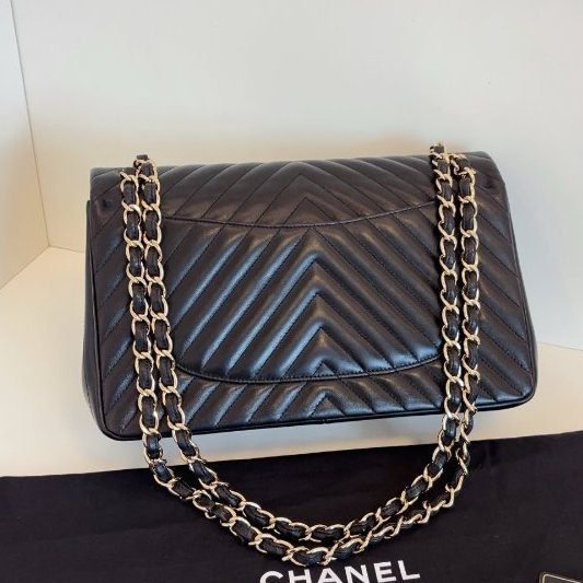 近新品 香奈兒/Chanel 經典CF黑金V紋 雙蓋紅內裡 Jumbo大號鏈條包-1