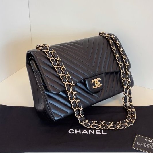 近新品 香奈兒/Chanel 經典CF黑金V紋 雙蓋紅內裡 Jumbo大號鏈條包-2