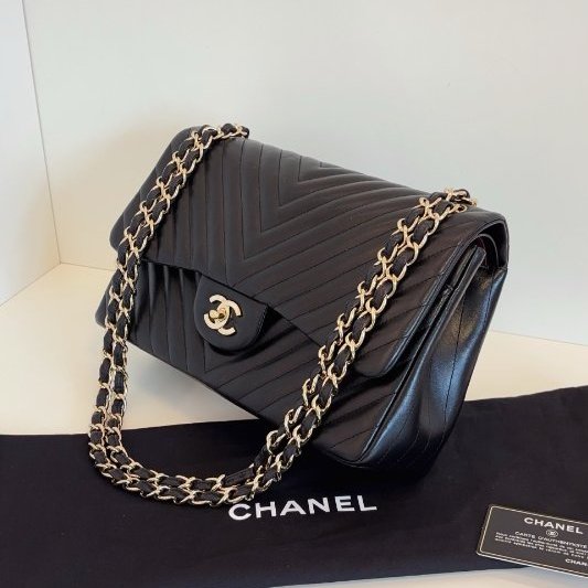 近新品 香奈兒/Chanel 經典CF黑金V紋 雙蓋紅內裡 Jumbo大號鏈條包-3
