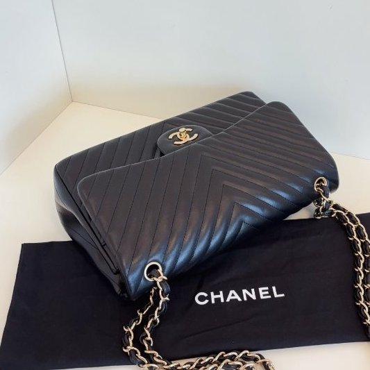 近新品 香奈兒/Chanel 經典CF黑金V紋 雙蓋紅內裡 Jumbo大號鏈條包-4
