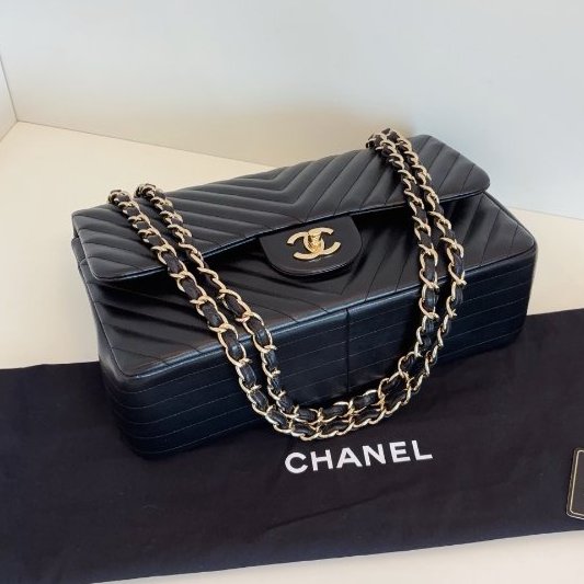 近新品 香奈兒/Chanel 經典CF黑金V紋 雙蓋紅內裡 Jumbo大號鏈條包-5