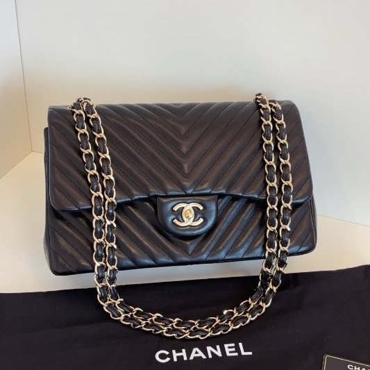 近新品 香奈兒/Chanel 經典CF黑金V紋 雙蓋紅內裡 Jumbo大號鏈條包-6