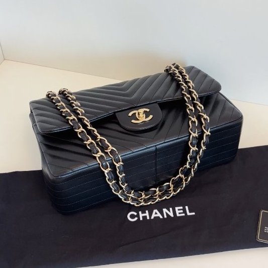 近新品 香奈兒/Chanel 經典CF黑金V紋 雙蓋紅內裡 Jumbo大號鏈條包-8
