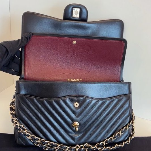 近新品 香奈兒/Chanel 經典CF黑金V紋 雙蓋紅內裡 Jumbo大號鏈條包-9