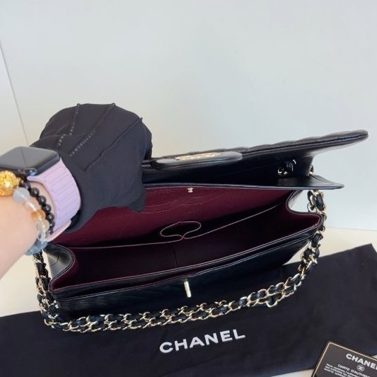近新品 香奈兒/Chanel 經典CF黑金V紋 雙蓋紅內裡 Jumbo大號鏈條包-10