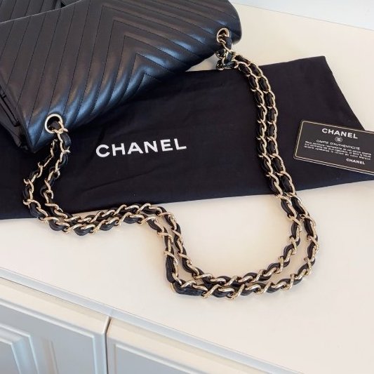 近新品 香奈兒/Chanel 經典CF黑金V紋 雙蓋紅內裡 Jumbo大號鏈條包-11