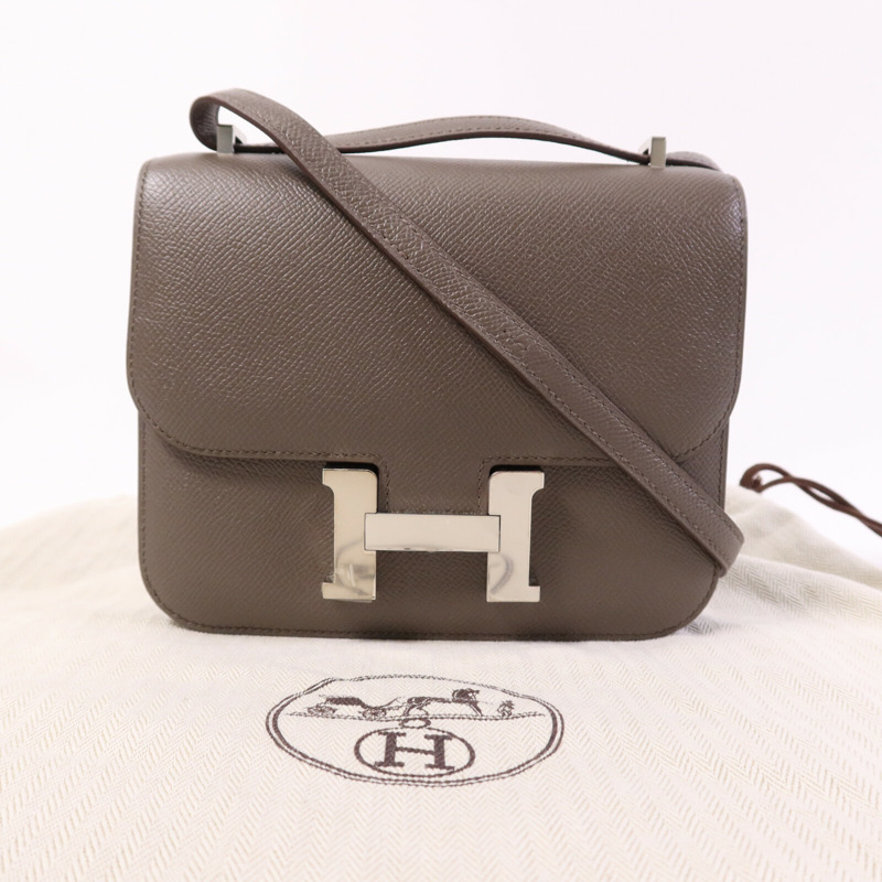 HERMES Epsom皮革Constance Mini銀扣肩背袋Etain-9