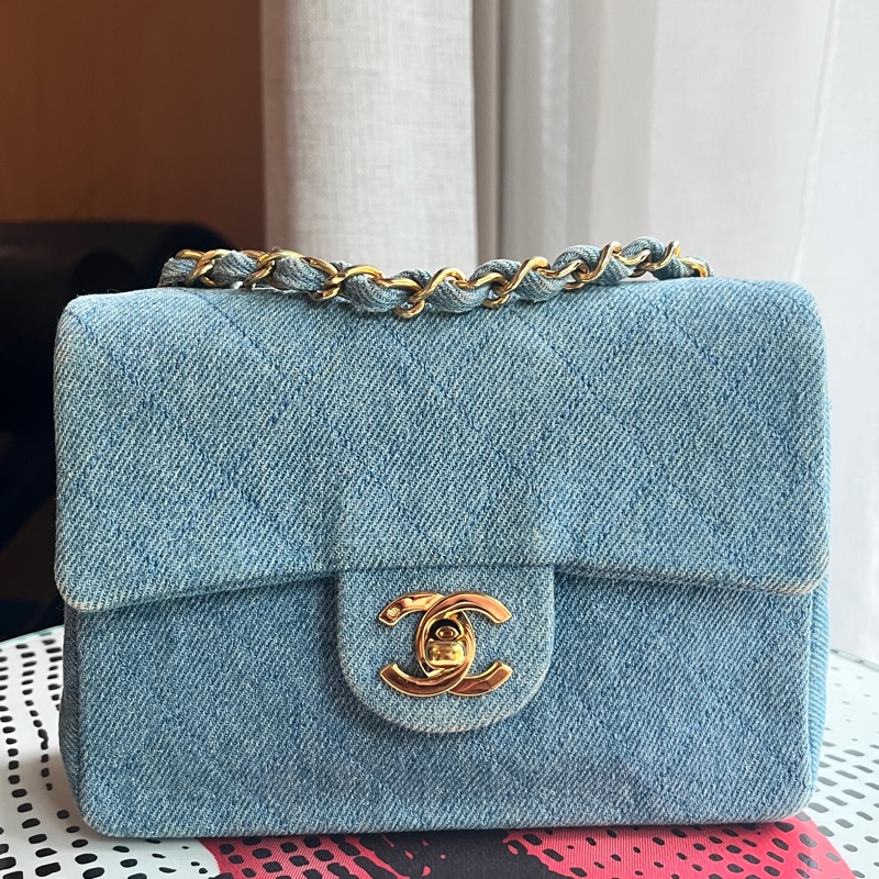 香奈兒 CHANEL 中古包 狀況極美老香 丹寧小方胖古董包 牛仔金鏈淺藍色 Denim Flapbag-0