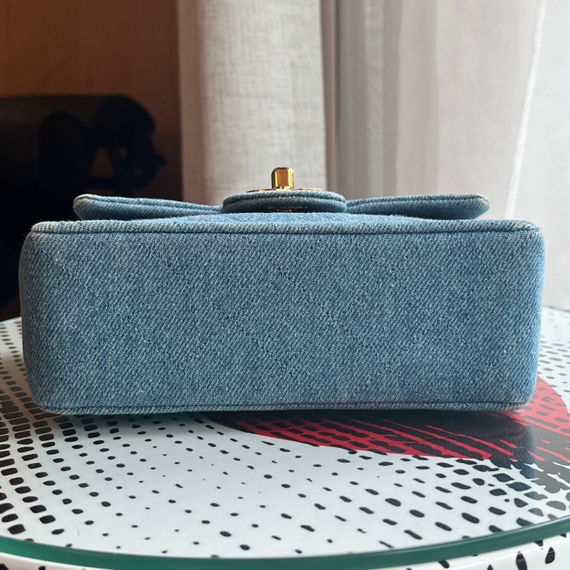 香奈兒 CHANEL 中古包 狀況極美老香 丹寧小方胖古董包 牛仔金鏈淺藍色 Denim Flapbag-1