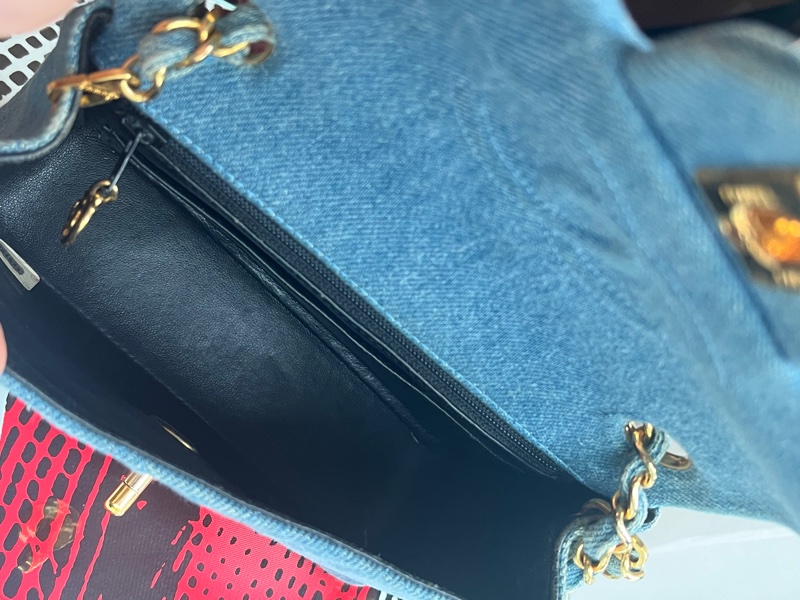 香奈兒 CHANEL 中古包 狀況極美老香 丹寧小方胖古董包 牛仔金鏈淺藍色 Denim Flapbag-3
