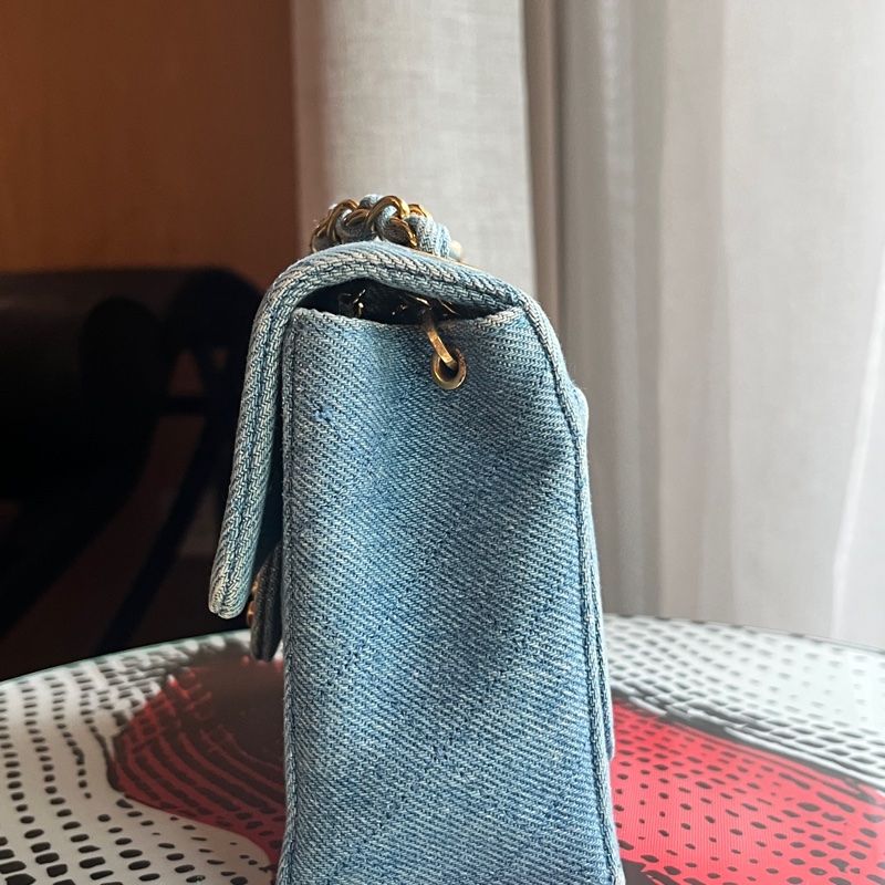 香奈兒 CHANEL 中古包 狀況極美老香 丹寧小方胖古董包 牛仔金鏈淺藍色 Denim Flapbag-4
