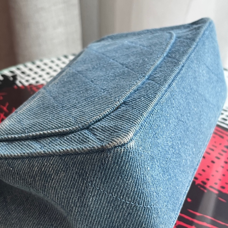 香奈兒 CHANEL 中古包 狀況極美老香 丹寧小方胖古董包 牛仔金鏈淺藍色 Denim Flapbag-5