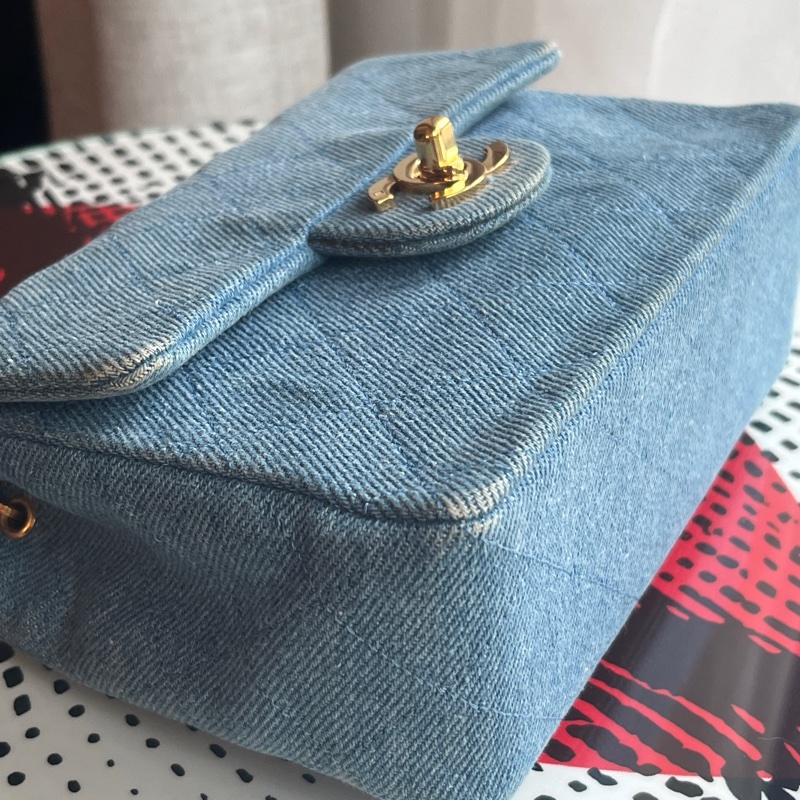 香奈兒 CHANEL 中古包 狀況極美老香 丹寧小方胖古董包 牛仔金鏈淺藍色 Denim Flapbag-7