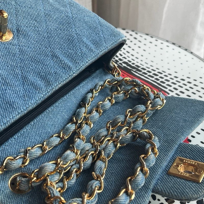 香奈兒 CHANEL 中古包 狀況極美老香 丹寧小方胖古董包 牛仔金鏈淺藍色 Denim Flapbag-14