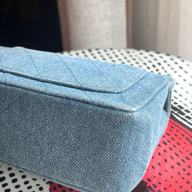 香奈兒 CHANEL 中古包 狀況極美老香 丹寧小方胖古董包 牛仔金鏈淺藍色 Denim Flapbag-18