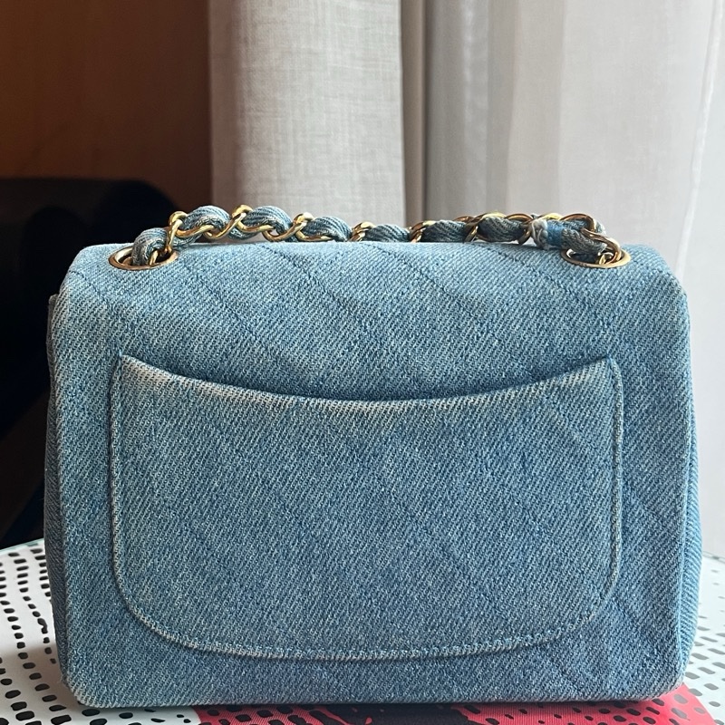 香奈兒 CHANEL 中古包 狀況極美老香 丹寧小方胖古董包 牛仔金鏈淺藍色 Denim Flapbag-19