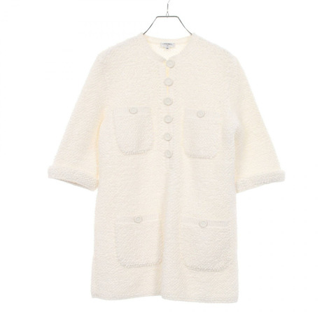 香奈兒 (CHANEL) CC Logo 紐帶斜紋軟呢束腰襯衫 P60433K46076 純棉 白色 #38 二手 女款
