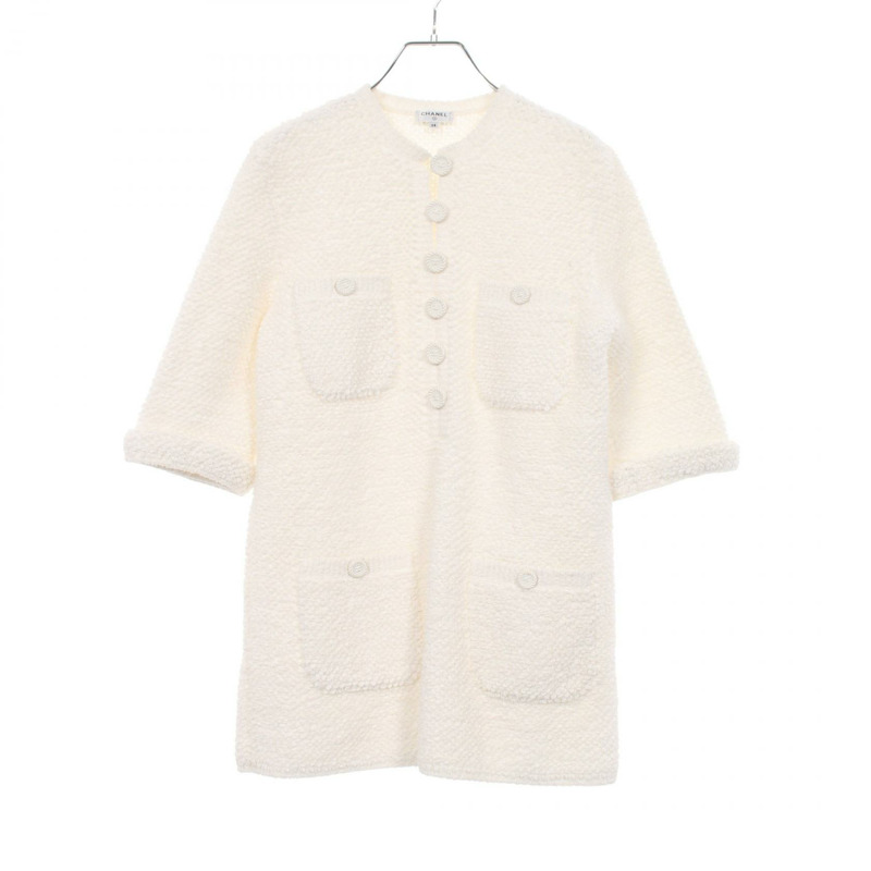 香奈兒 (CHANEL) CC Logo 紐帶斜紋軟呢束腰襯衫 P60433K46076 純棉 白色 #38 二手 女款-0