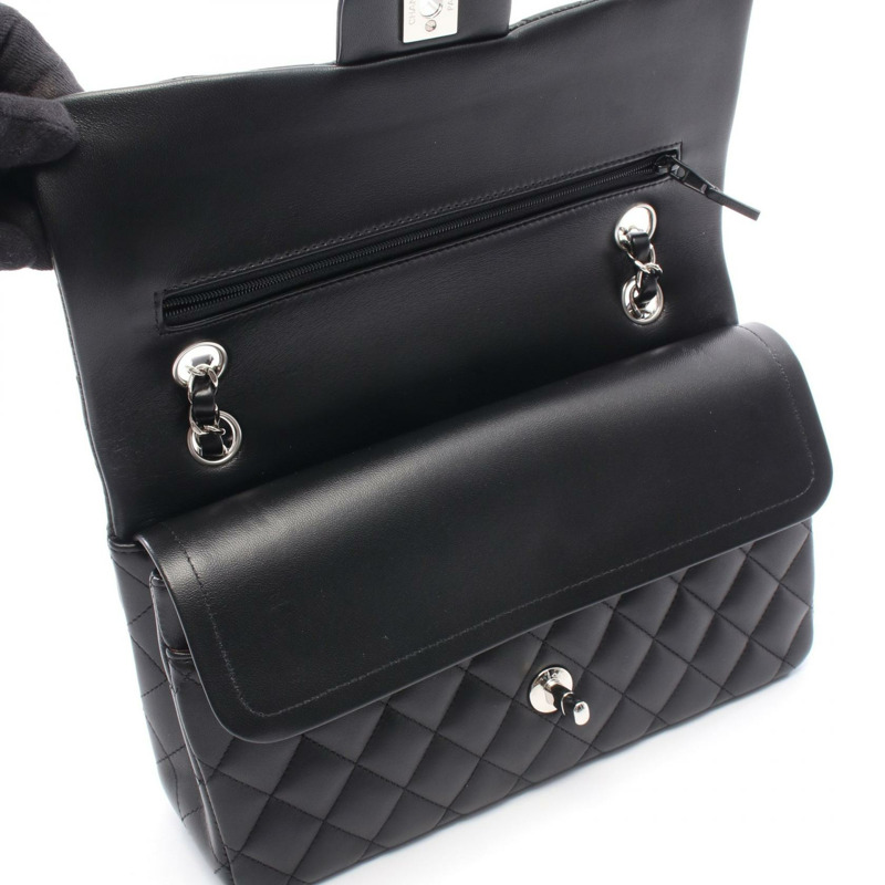 香奈兒 (CHANEL) Matelasse 雙蓋鏈條肩背包,羊皮材質,黑色,SHW 五金配件,二手女士 CC-5