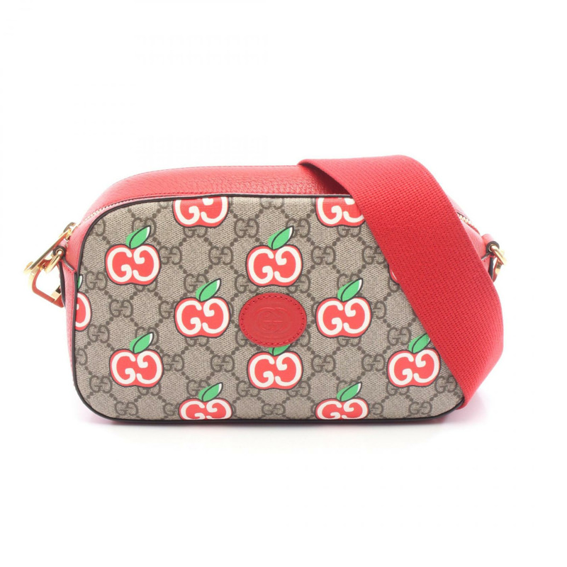 GUCCI GG Supreme 肩挎包 蘋果綠 574886 帆布皮革 米色 紅色-0