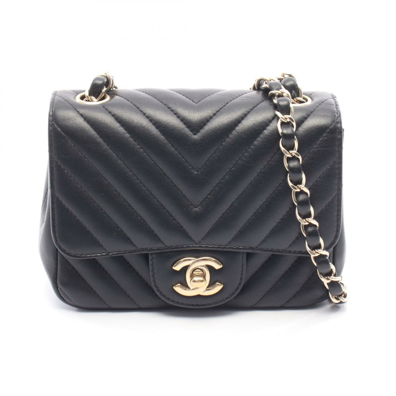 香奈兒 (CHANEL) 人字紋 V 字縫線迷你斜挎鏈條包，羊皮材質，黑色，金色五金，CC 標誌-0