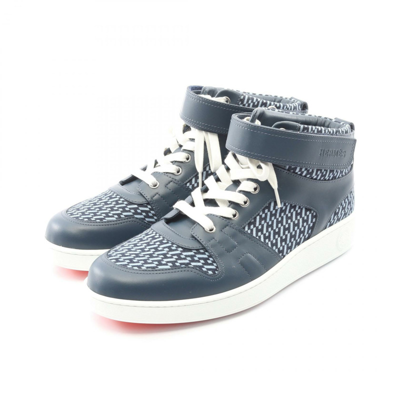 愛馬仕男士高筒帆布運動鞋,41.5碼,海軍藍,二手。-0