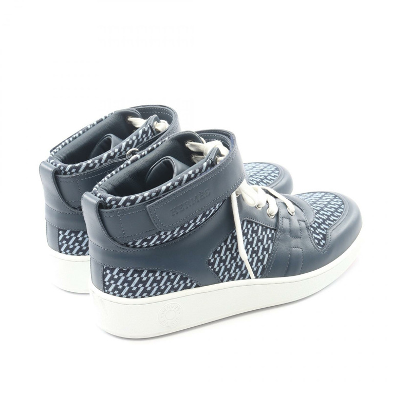 愛馬仕男士高筒帆布運動鞋,41.5碼,海軍藍,二手。-1