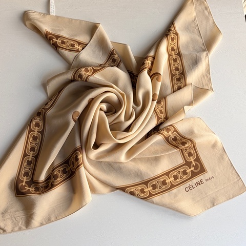 Celine 純絲質圍巾 絲巾 領巾 頭巾 米色 凱旋門