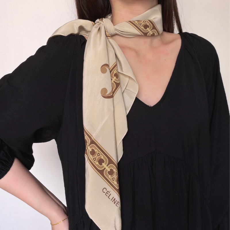 Celine 純絲質圍巾 絲巾 領巾 頭巾 米色 凱旋門-1