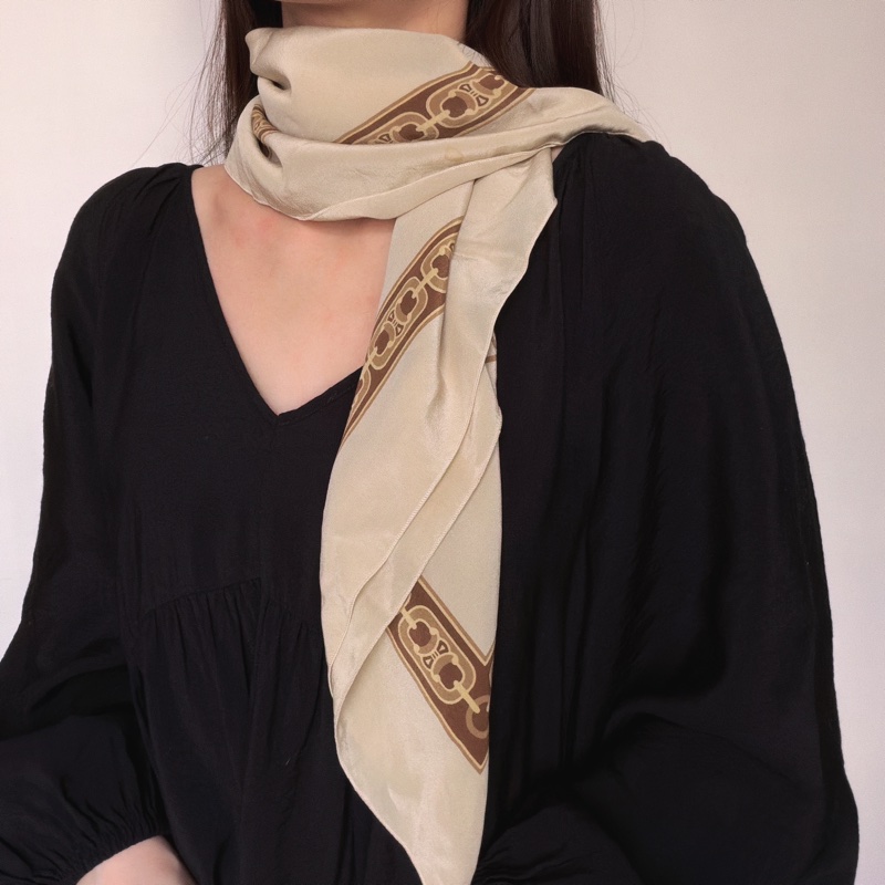 Celine 純絲質圍巾 絲巾 領巾 頭巾 米色 凱旋門-5