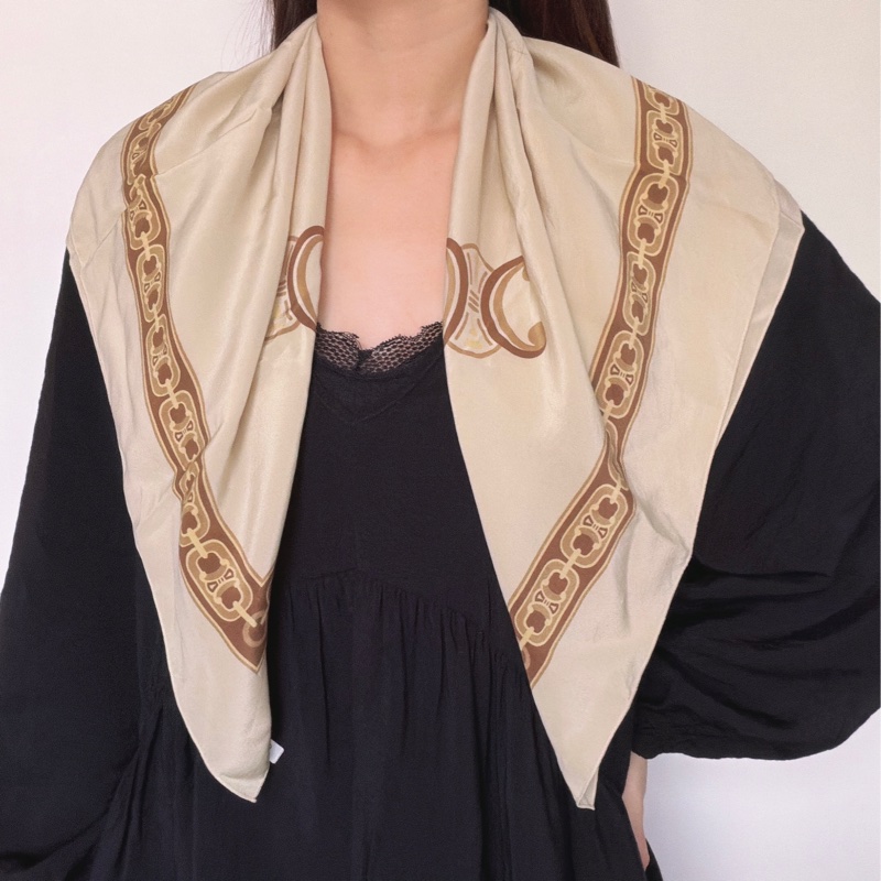 Celine 純絲質圍巾 絲巾 領巾 頭巾 米色 凱旋門-6