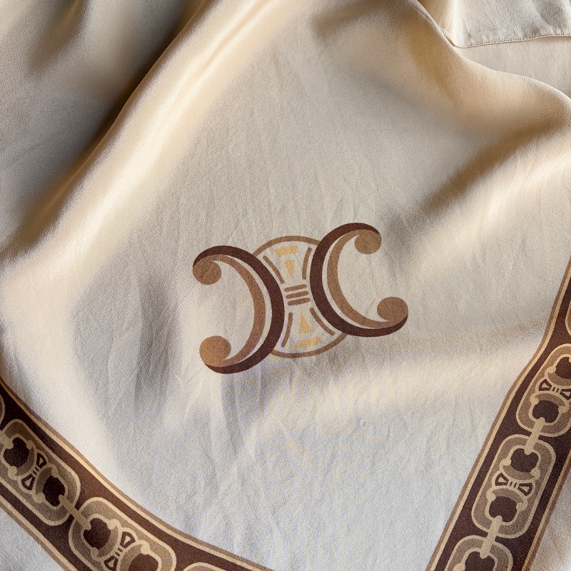 Celine 純絲質圍巾 絲巾 領巾 頭巾 米色 凱旋門-12