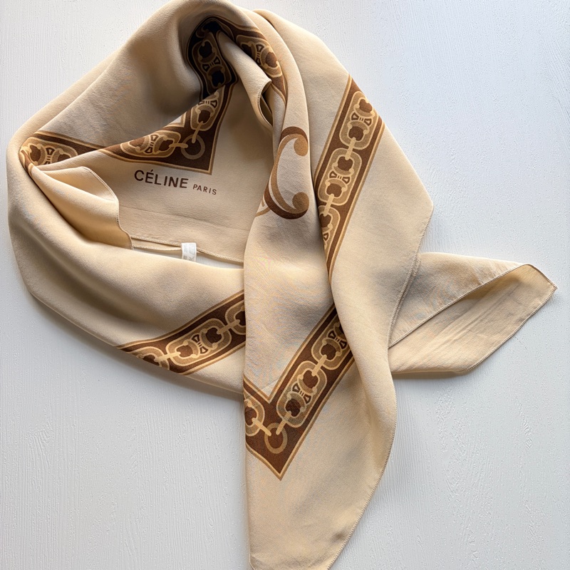 Celine 純絲質圍巾 絲巾 領巾 頭巾 米色 凱旋門-15