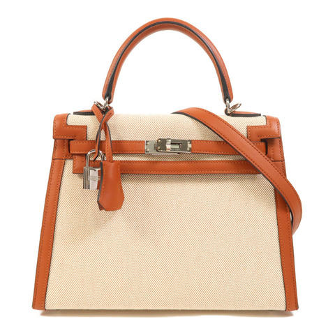 HERMES Toile H帆布/Swift皮革Kelly 25銀扣手挽肩背兩用袋Cuivre