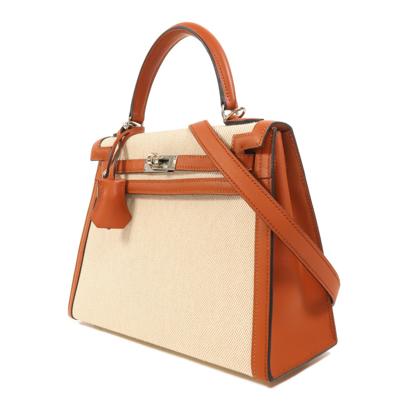 HERMES Toile H帆布/Swift皮革Kelly 25銀扣手挽肩背兩用袋Cuivre-2