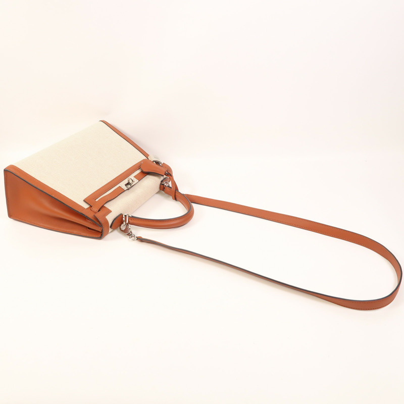 HERMES Toile H帆布/Swift皮革Kelly 25銀扣手挽肩背兩用袋Cuivre-7