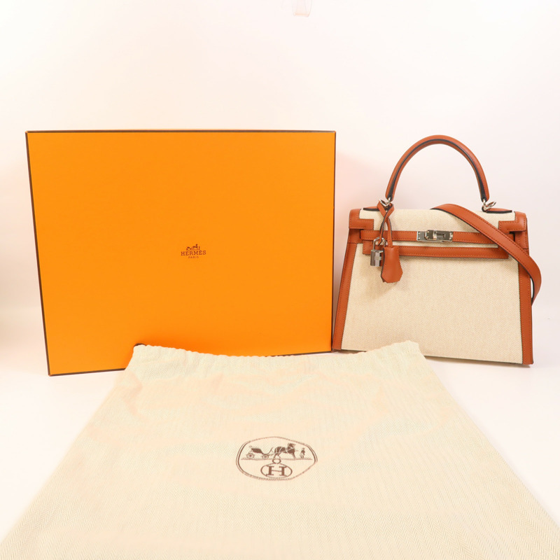 HERMES Toile H帆布/Swift皮革Kelly 25銀扣手挽肩背兩用袋Cuivre-8