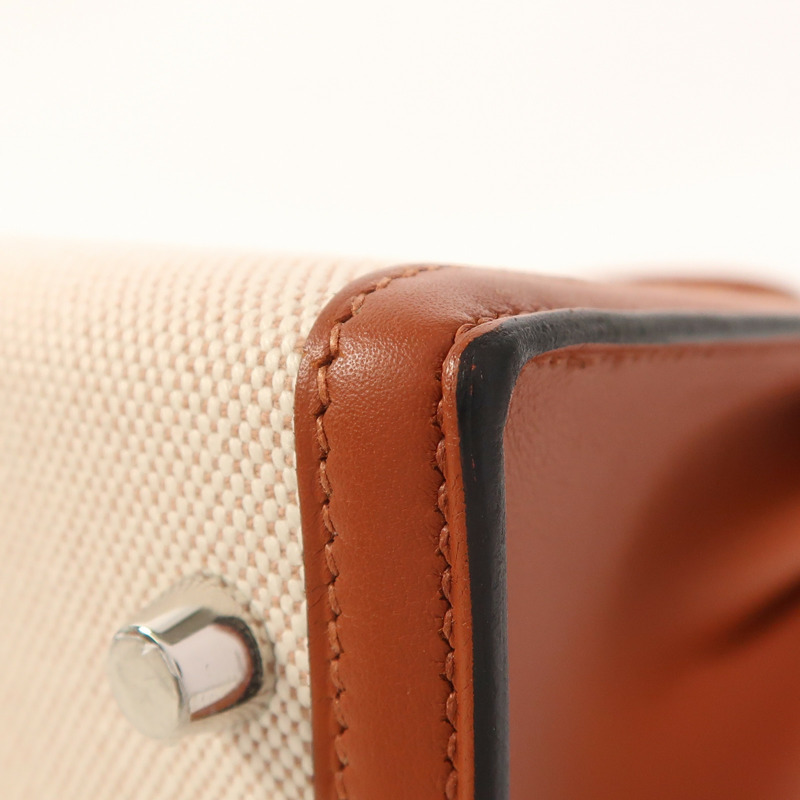 HERMES Toile H帆布/Swift皮革Kelly 25銀扣手挽肩背兩用袋Cuivre-12