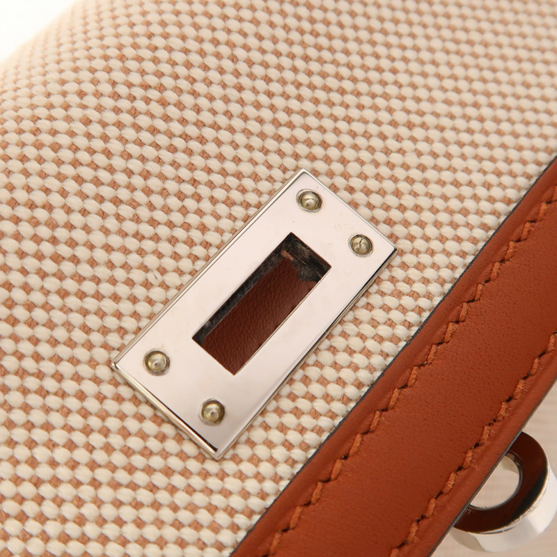 HERMES Toile H帆布/Swift皮革Kelly 25銀扣手挽肩背兩用袋Cuivre-15