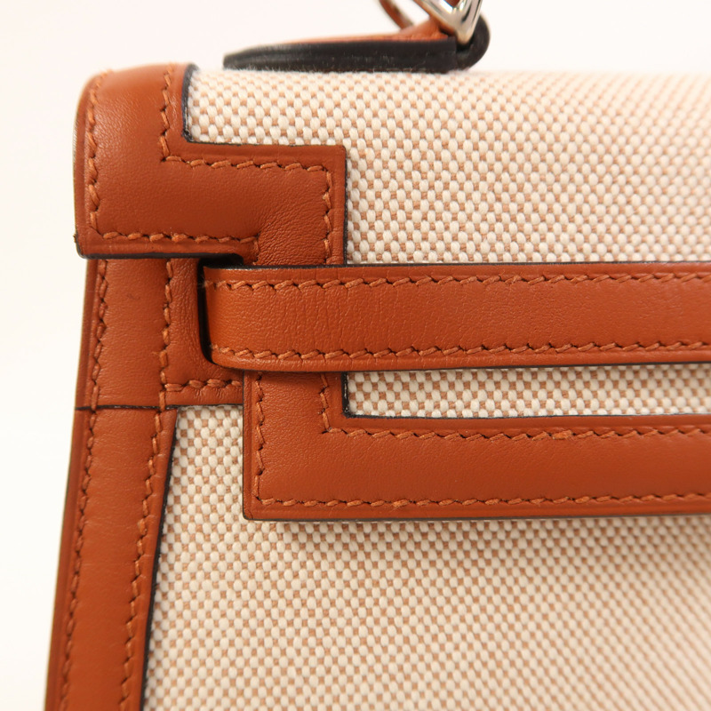 HERMES Toile H帆布/Swift皮革Kelly 25銀扣手挽肩背兩用袋Cuivre-19