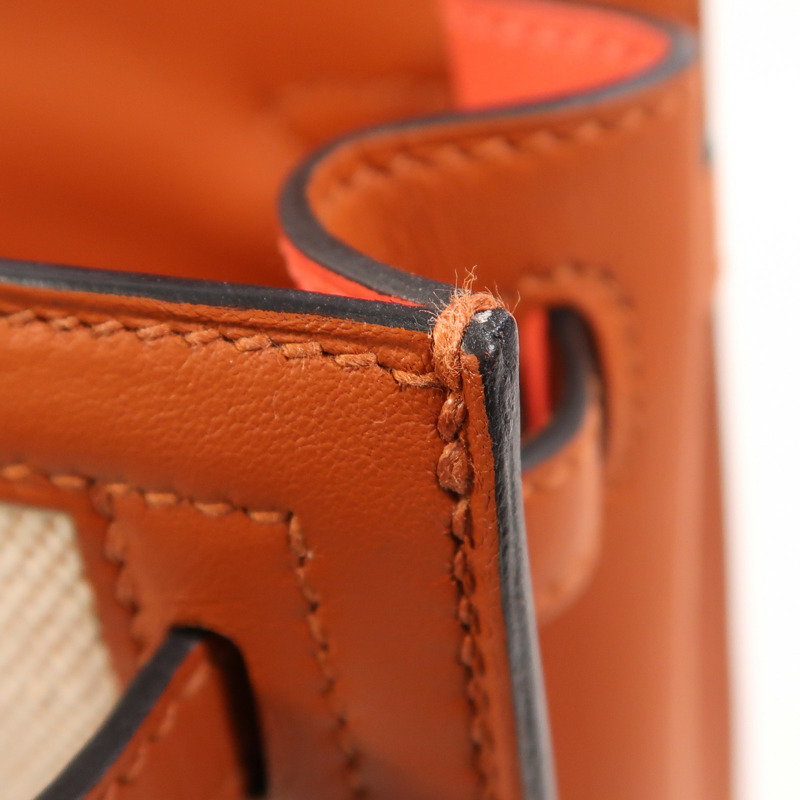 HERMES Toile H帆布/Swift皮革Kelly 25銀扣手挽肩背兩用袋Cuivre-21